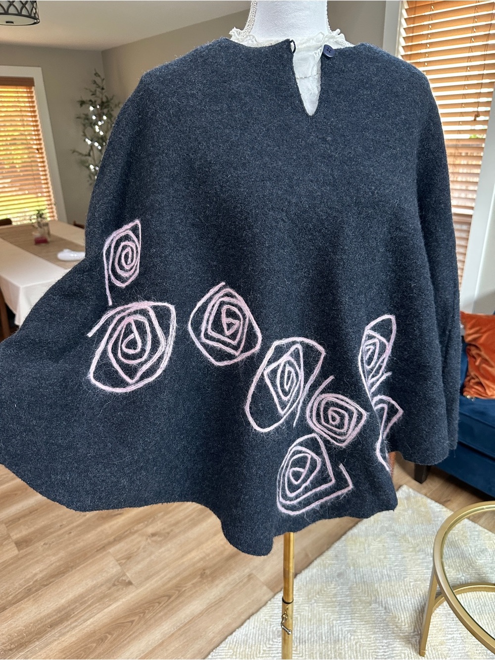 Vintage Caslon Charcoal boiled Wool Poncho cape abstract Pink Rose Detail